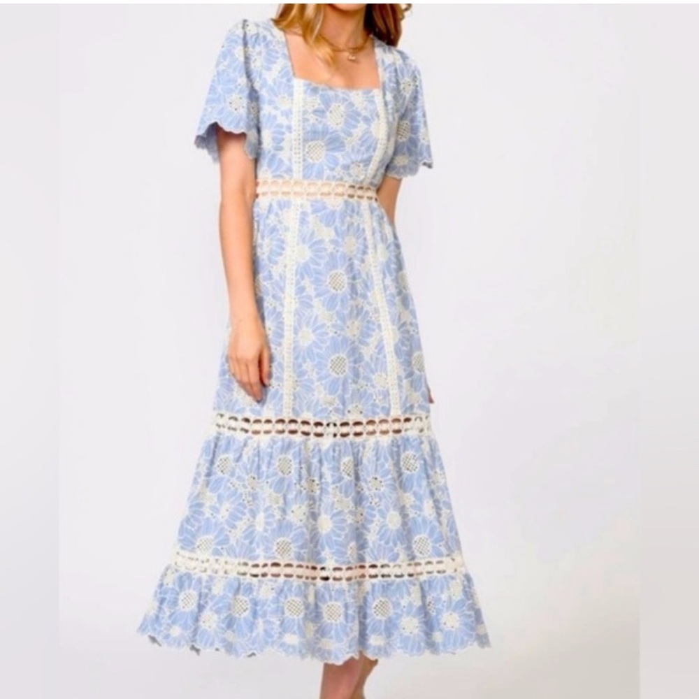 Adelyn Rae Floral Lace Midi Dress in Blue and Cream
